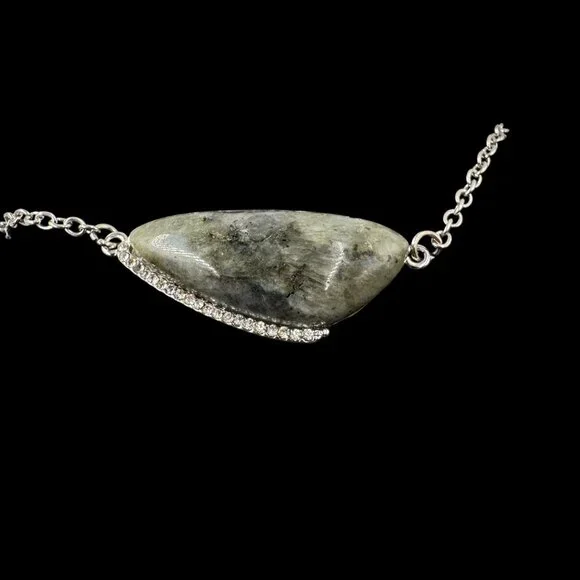 Silver Toned Chain Necklace W/ Labradorite Pendant & Rhinestone Boho Chic - Picture 3 of 7